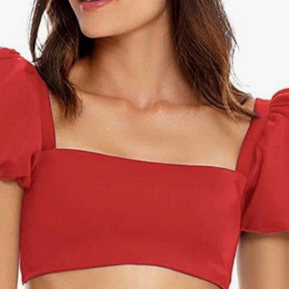 NWOT Red bikini top Square Neck Puff Sleeves Adjustable tie back bathing suit - Picture 2 of 10
